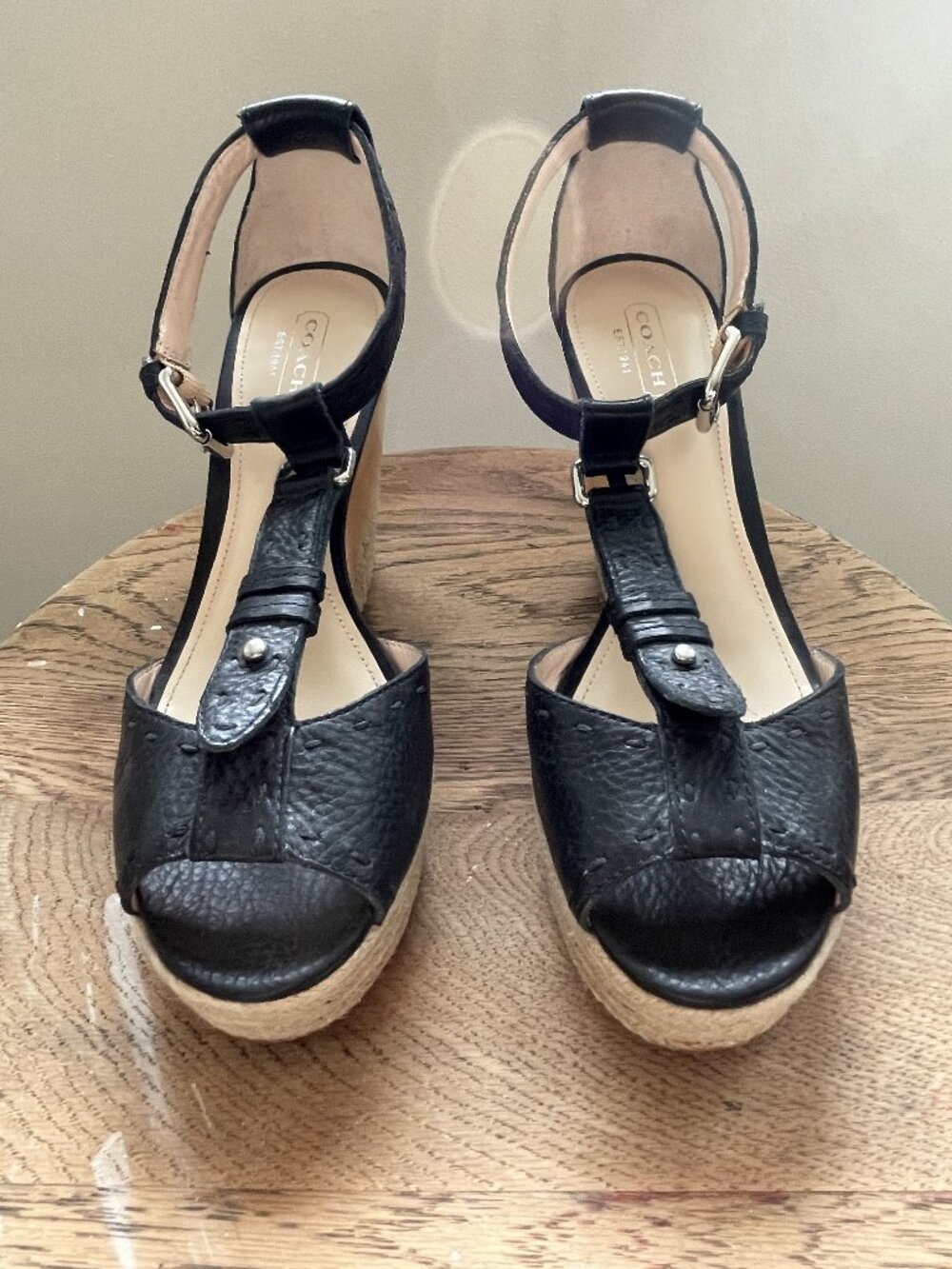 Coach Gala Black Pebble Leather T-strap Platform Wedge Size 7.5B